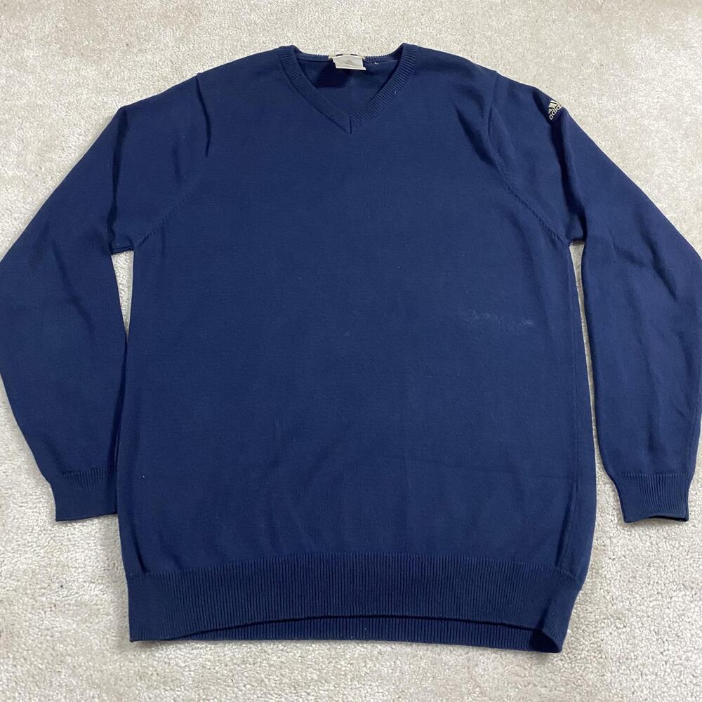 VTG Adidas Sweater Mens L Navy Blue V Neck Pullover Sample Knit Logo Golf Preppy